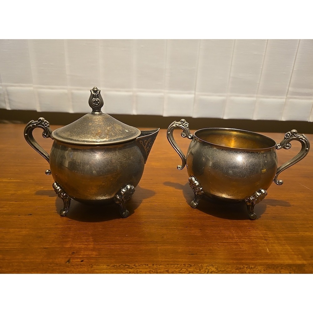 Vintage Leonard Cream and sugar with‎ lid Silver plated  footed victorian